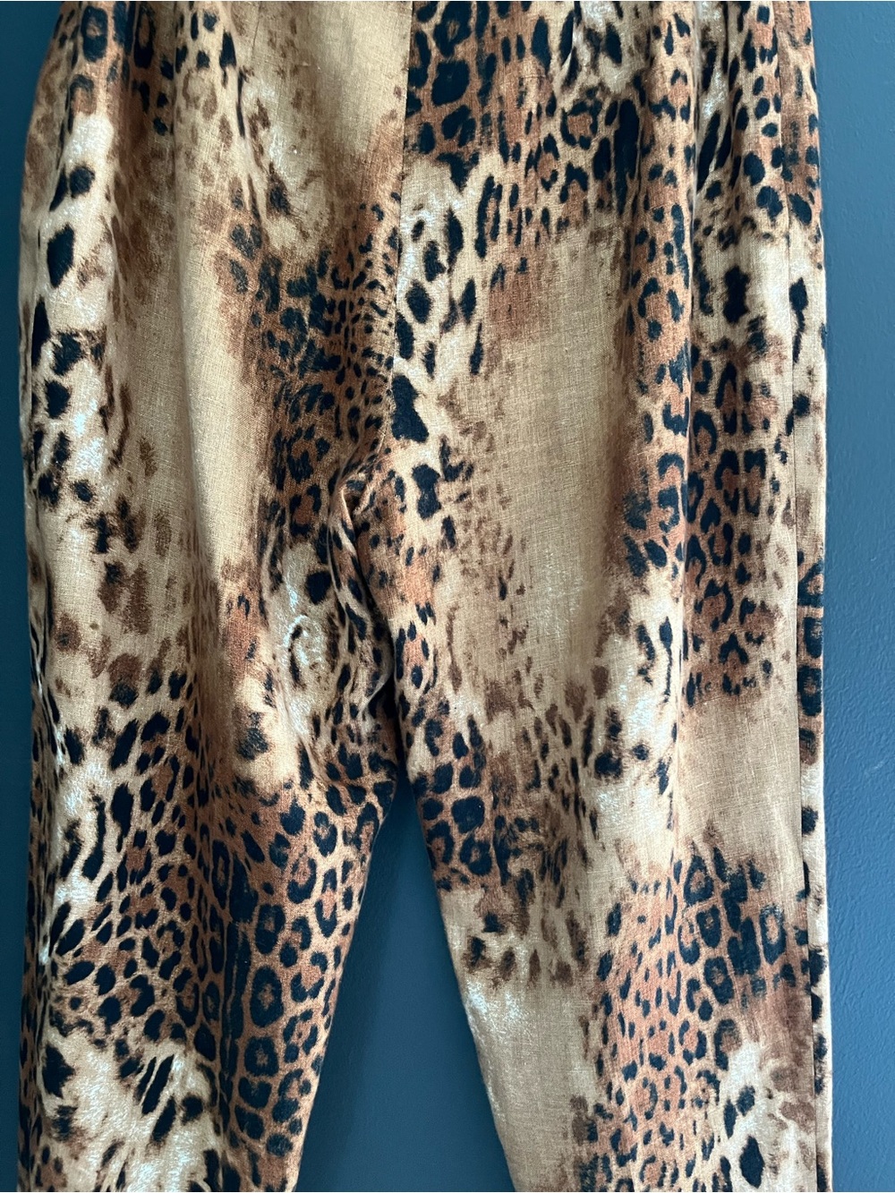 Vintage Leopard Print High Waist Slim Tapered 100% Linen Pants - Brown & Black - Picture 6 of 13
